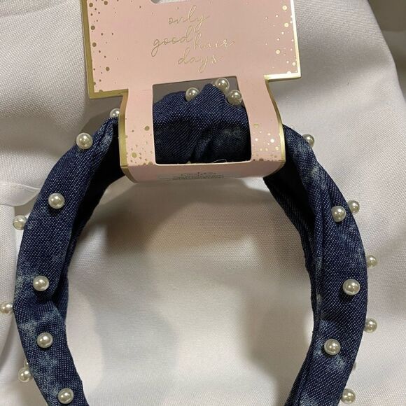 Trendy Knotted Pearl Denim Headband - Picture 7 of 7